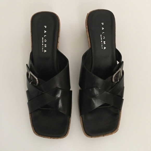 Paloma Black Leather Wedge Sandals Size 8 - Picture 2 of 12